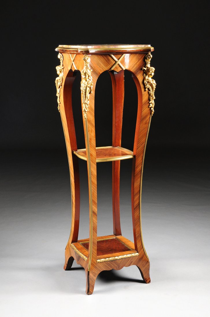 A LOUIS XV STYLE GILT BRONZE MOUNTED AND MARBLE TOPPED: A LOUIS XV STYLE GILT BRONZE MOUNTED AND MARBLE TOPPED TULIPWOOD PEDESTAL STAND, STYLE OF FRANÇOIS LINKE, LATE 19TH CENTURY, the shaped rectangular Breche d'Alep marble top within a conforming molded