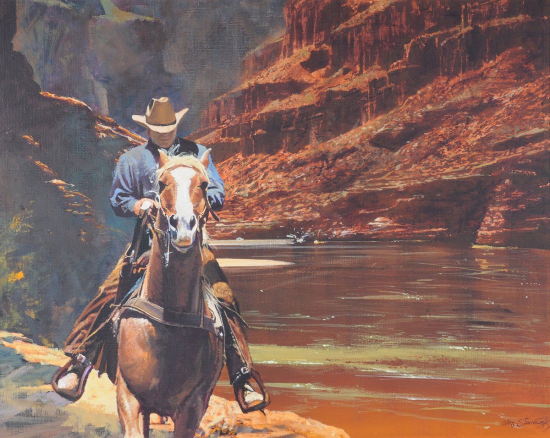 OLEG STAVROWSKY (American/Texas b. 1927) A PAINTING,: OLEG STAVROWSKY (American/Texas b. 1927) A PAINTING, "Depth of the Canyon," oil on canvas, signed L/R. 24" x 30" Framed. Purchased from Texas Trails Gallery, Inc., San Antonio, TX, 1978.