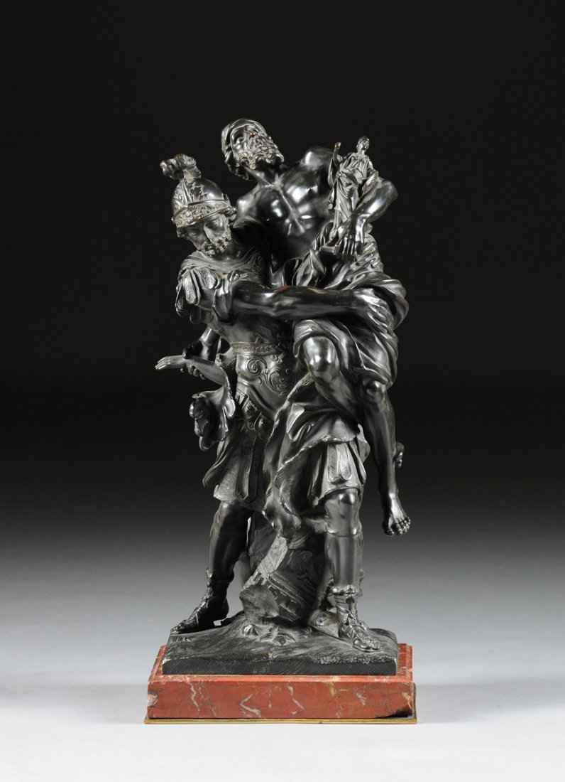 after PIERRE LEPAUTRE (French 1660-1744) A PATINATED: after PIERRE LEPAUTRE (French 1660-1744) A PATINATED BRONZE FIGURAL GROUP, "Aeneid," signed "Lepautre" in the blackish-brown patinated bronze, stamped "583", on a square incarnat turquin marble base,