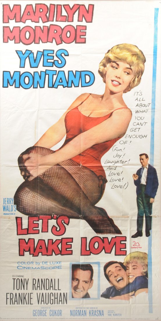 A MARILYN MONROE TWO SHEET MOVIE POSTER, "LET'S MAKE: A MARILYN MONROE TWO SHEET MOVIE POSTER, "LET'S MAKE LOVE," CIRCA 1960, with Yves Montand, Tony Randall, and Frankie Vaughan. 40" x 78" Framed.
