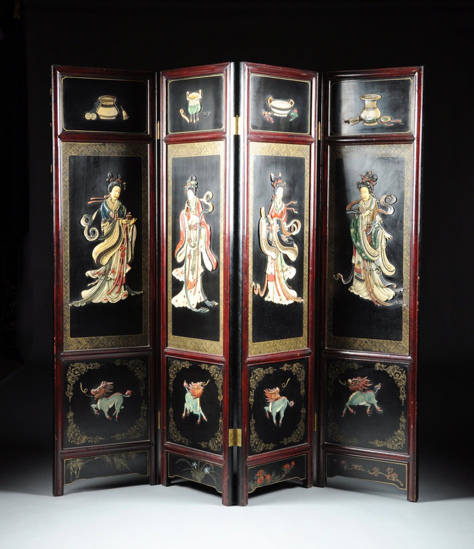 A VINTAGE CHINESE POLYCHROME PAINTED AND HARDSTONE: A VINTAGE CHINESE POLYCHROME PAINTED AND HARDSTONE MOUNTED BLACK LACQUER FOUR PANEL SCREEN, POSSIBLY REPUBLIC PERIOD (1912-1949), each carved hardwood framed panel enclosing an immortal maiden with at