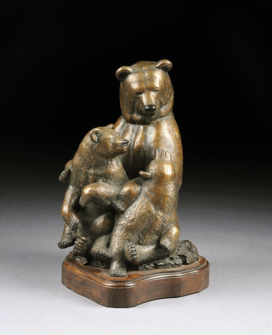 WAYNE LEWIS (American 20th Century) A LIMITED EDITION: WAYNE LEWIS (American 20th Century) A LIMITED EDITION BRONZE SCULPTURE, "Mother Bear with Two Cubs," signed, dated 1990 and numbered 5/35. Height: 14 1/2"