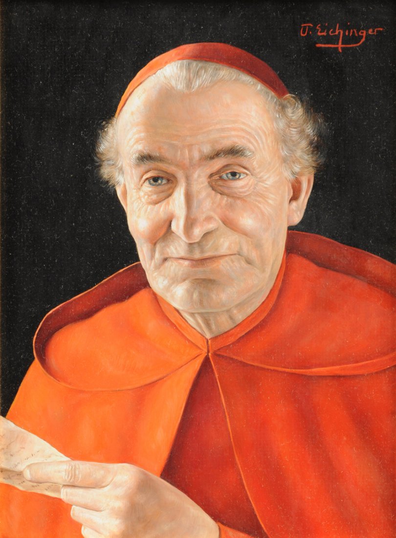 OTTO EICHINGER (Austrian 1922-2004) A PAINTING, "The: OTTO EICHINGER (Austrian 1922-2004) A PAINTING, "The Cardinal," oil painting on board, signed U/R. 10 3/8" x 7 5/8" Framed.