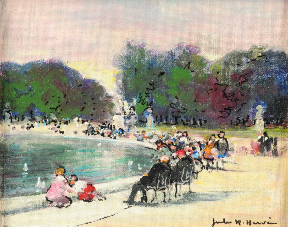 JULES ALFRED HERVE (French 1868-1953) A PAINTING,: JULES ALFRED HERVE (French 1868-1953) A PAINTING, "Tuileries Garden," oil painting on canvas, signed L/R. 8 1/2" x 10" Framed.