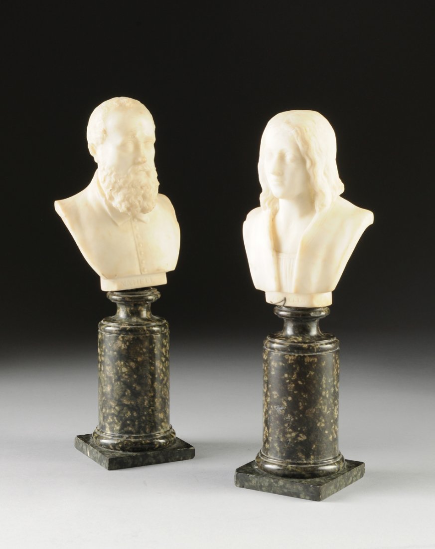 A PAIR OF ITALIAN WHITE MARBLE BUSTS OF MICHELANGELO: A PAIR OF ITALIAN WHITE MARBLE BUSTS OF MICHELANGELO AND RAPHAEL, LATE 19TH/EARLY 20TH CENTURY, each with sensitively carved details in a pure white marble above their respective engraved names "MICH