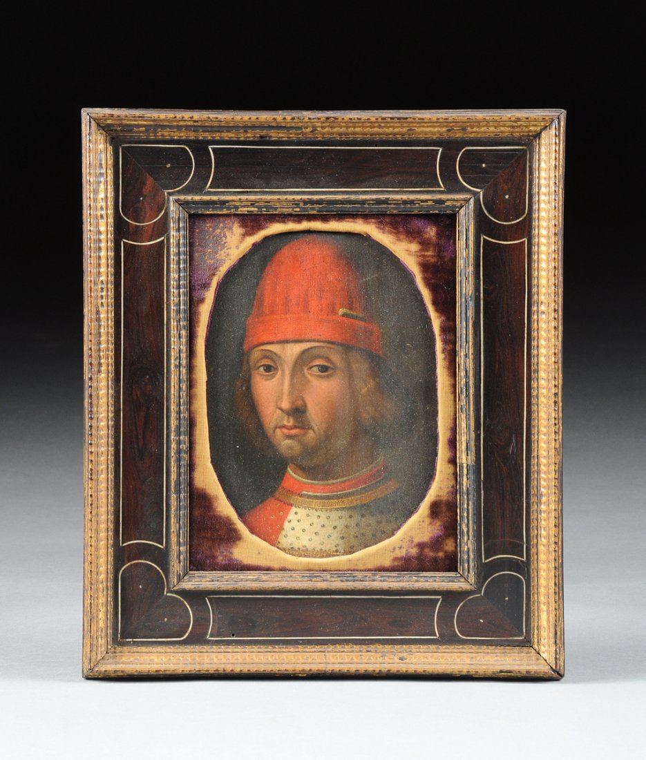 ITALIAN/SPANISH SCHOOL 16TH/17TH CENTURY, PORTRAIT OF A: ITALIAN/SPANISH SCHOOL 16TH/17TH CENTURY, PORTRAIT OF A GENTLEMAN IN A RED FELT DOMED HAT WITH JEWEL PENDANT, in a conforming parcel gilt carved rosewood frame, au verso old illegible inscription and 
