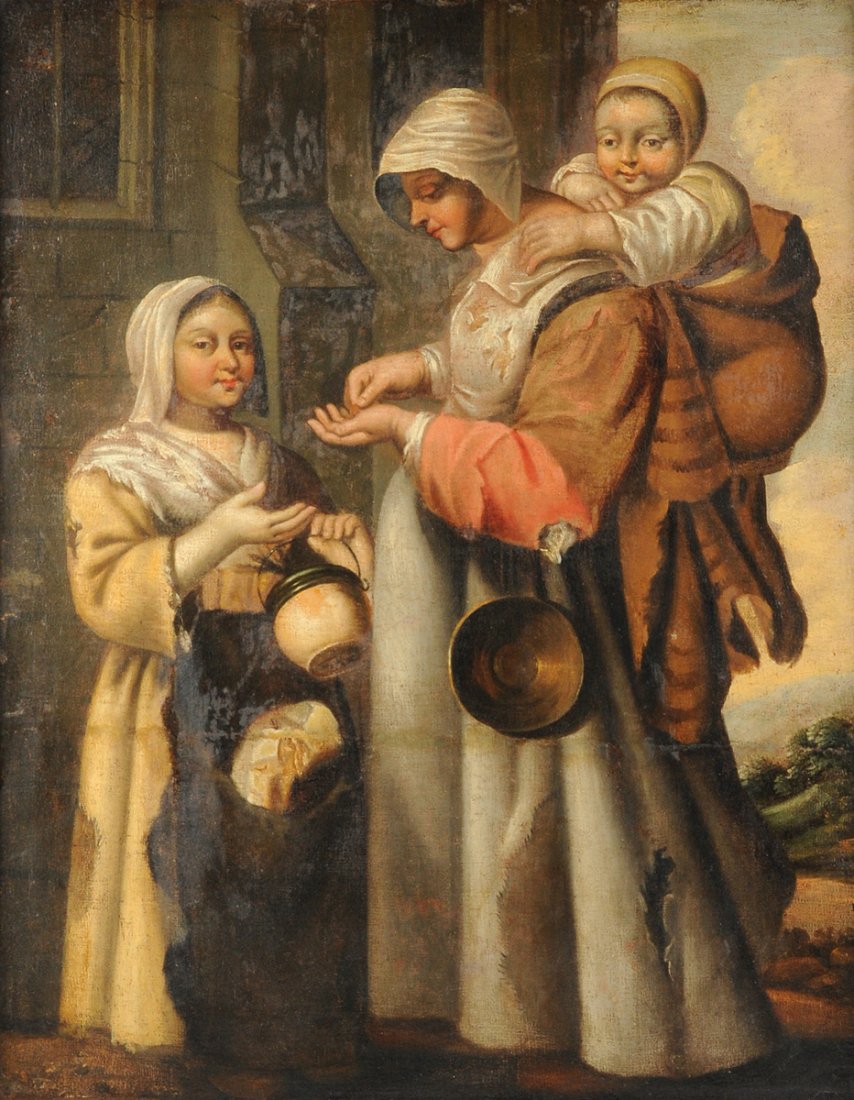 ATTRIUBUTED TO LOUIS LE NAIN (French 17th Century) A: ATTRIUBUTED TO LOUIS LE NAIN (French 17th Century) A PAINTING, "Paying for Curds," oil on canvas. 41" x 32 1/2" Framed.