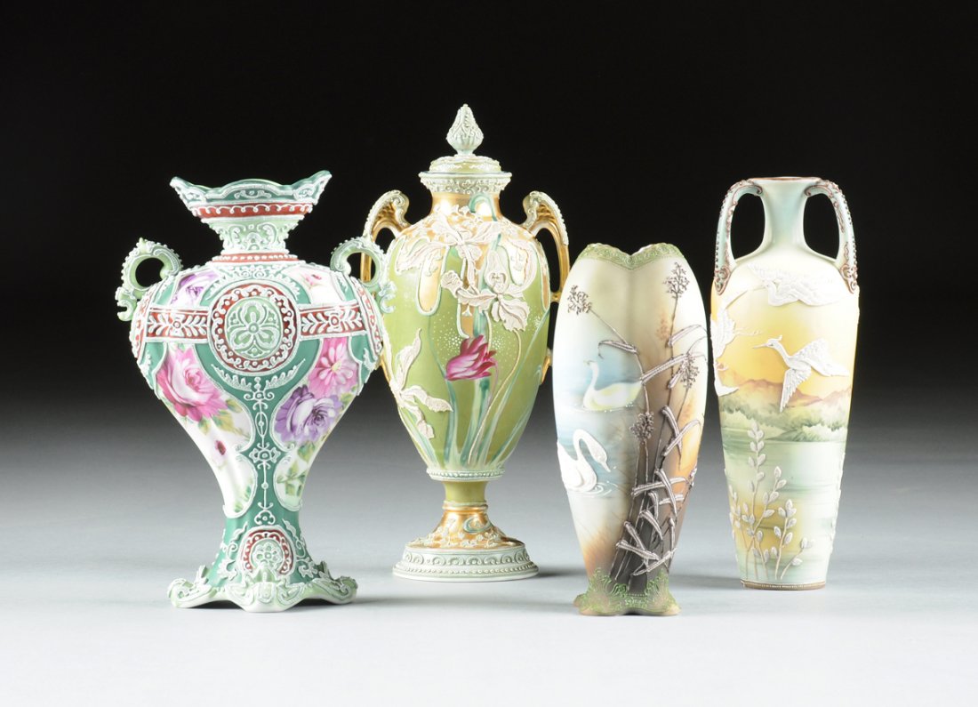 A GROUP OF FOUR VINTAGE NIPPON POLYCHROME PAINTED: A GROUP OF FOUR VINTAGE NIPPON POLYCHROME PAINTED VASES, VARIOUS MARKS, EARLY 20TH CENTURY, A PARCEL GILT POLYCHROME PAINTED MORIAGE TWO-HANDLED LIDDED URN, OVERGLAZE GREEN MARKS, of ovoid form with o