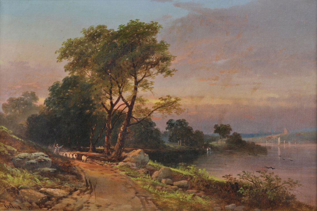 R.B. DAVID (British 19th Century) A PAINTING,: R.B. DAVID (British 19th Century) A PAINTING, "Riverscape," oil on canvas, signed and dated L/L. 20" x 30". Framed.