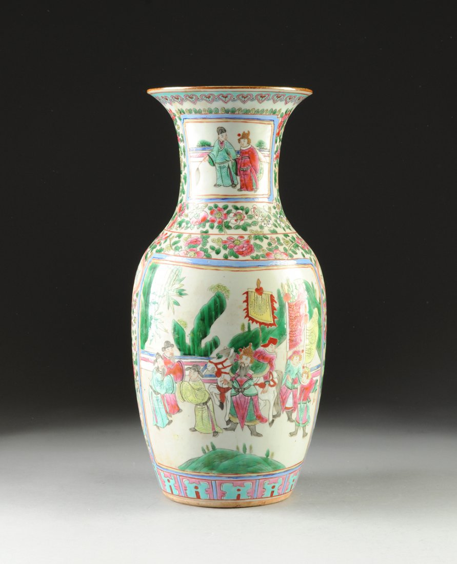 A CHINESE EXPORT PORCELAIN POLYCHROME ENAMELED FAMILLE: A CHINESE EXPORT PORCELAIN POLYCHROME ENAMELED FAMILLE ROSE TALL VASE, 19TH CENTURY, of baluster form with gilded everted lip, the neck with two reserves in square border of two sovereigns from differ
