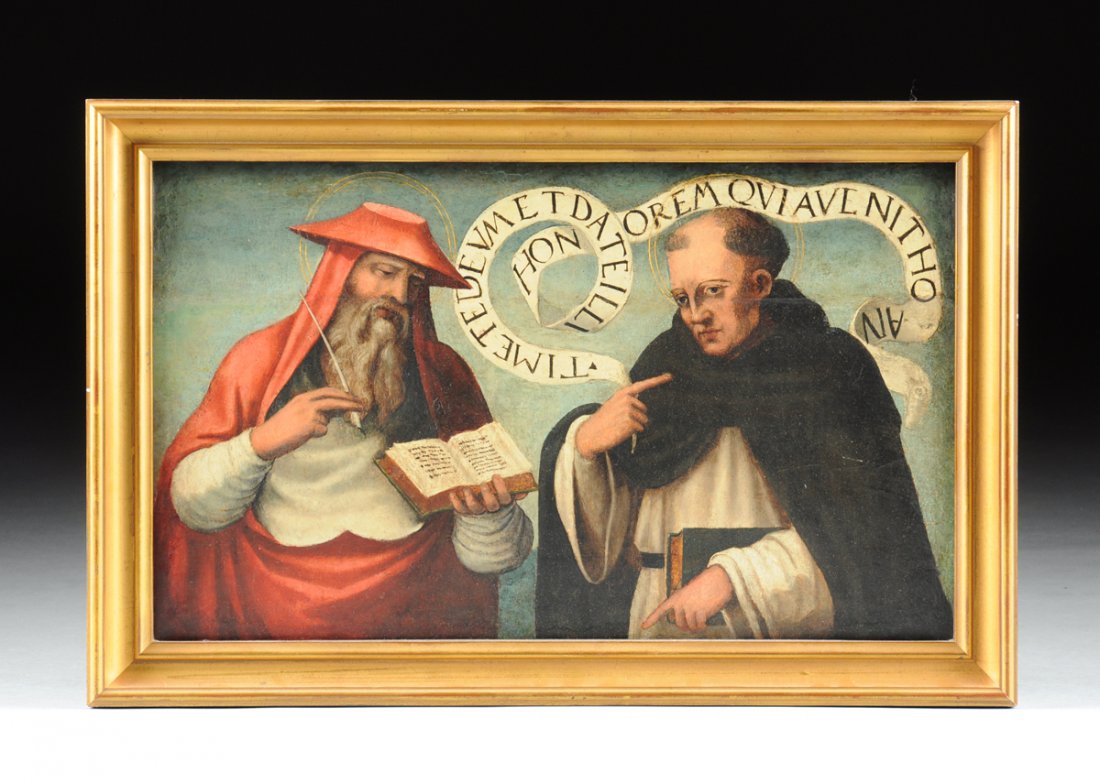 ITALIAN SCHOOL (17th Century/18th Century) A PAINTING,: ITALIAN SCHOOL (17th Century/18th Century) A PAINTING, "St. Jerome and St. Francis," oil on canvas. 14" x 23 1/4" Framed.