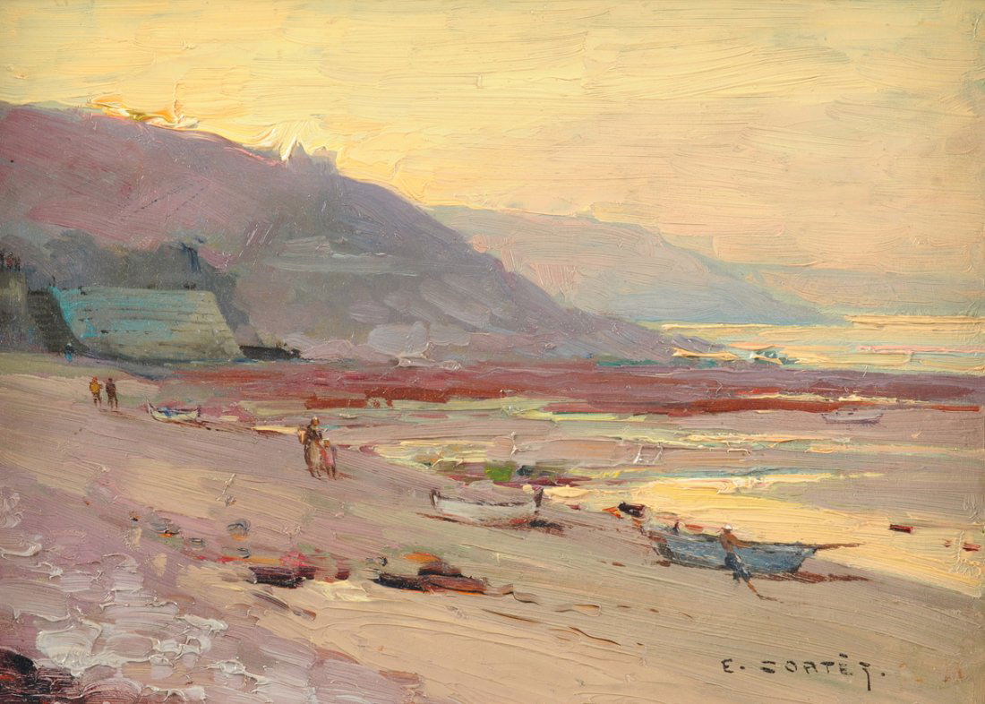 ÉDOUARD CORTÉS (French 1882-1969) A PAINTING, "Beach: ÉDOUARD CORTÉS(French 1882-1969) A PAINTING, "Beach Scene," oil on board, signed L/R. 10" x 13" Framed. EDOUARD CORTES.
