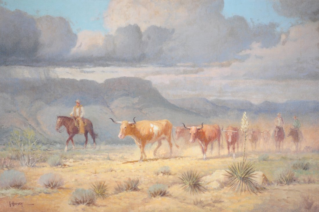 G. (GERALD HARVEY JONES) HARVEY (American/Texas b.: G. (GERALD HARVEY JONES) HARVEY (American/Texas b. 1933) A PAINTING, "The West Texas Drive," oil on canvas, signed L/L. 24" x 30" Framed.