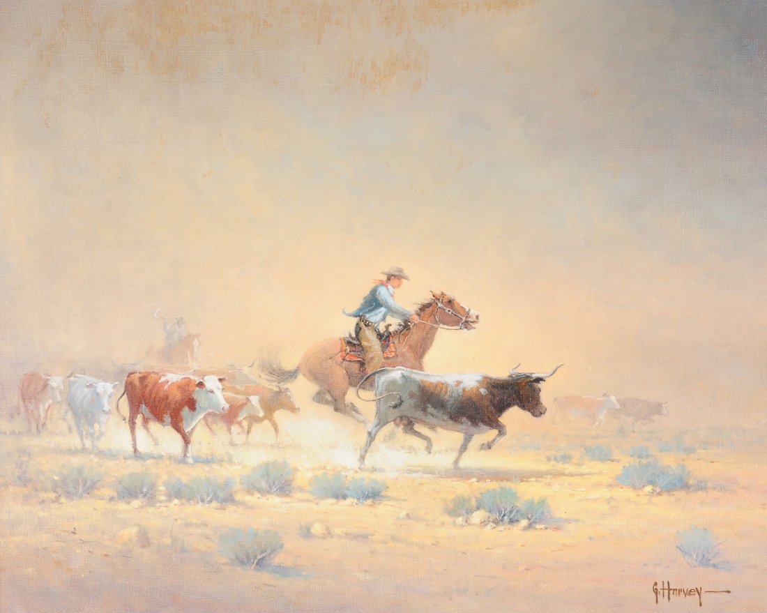 G. (GERALD HARVEY JONES) HARVEY (American/Texas b.: G. (GERALD HARVEY JONES) HARVEY (American/Texas b. 1933) A PAINTING, "The Trouble Maker," oil on canvas, signed L/R. 24" x 30" Framed.