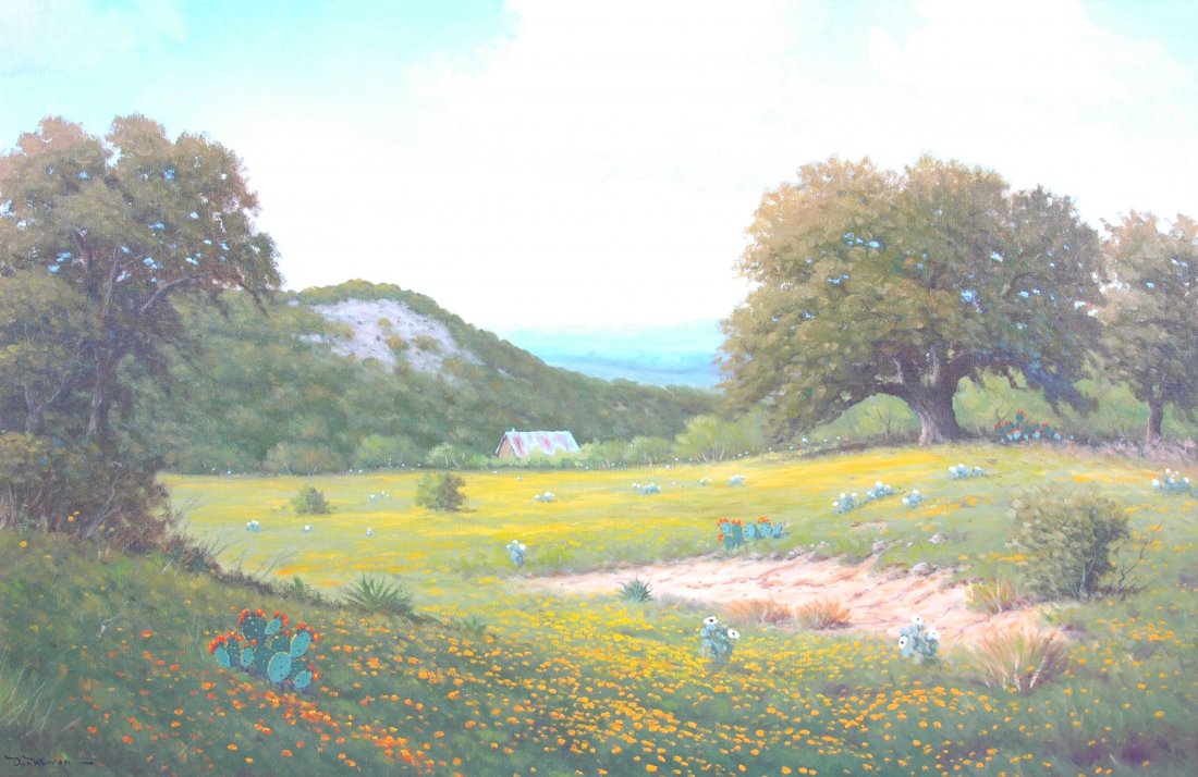 DON WARREN (American/Texas 1935-2006) A PAINTING,: DON WARREN (American/Texas 1935-2006) A PAINTING, "Texas Landscape," oil on canvas, signed L/R. 12" x 18" Framed.