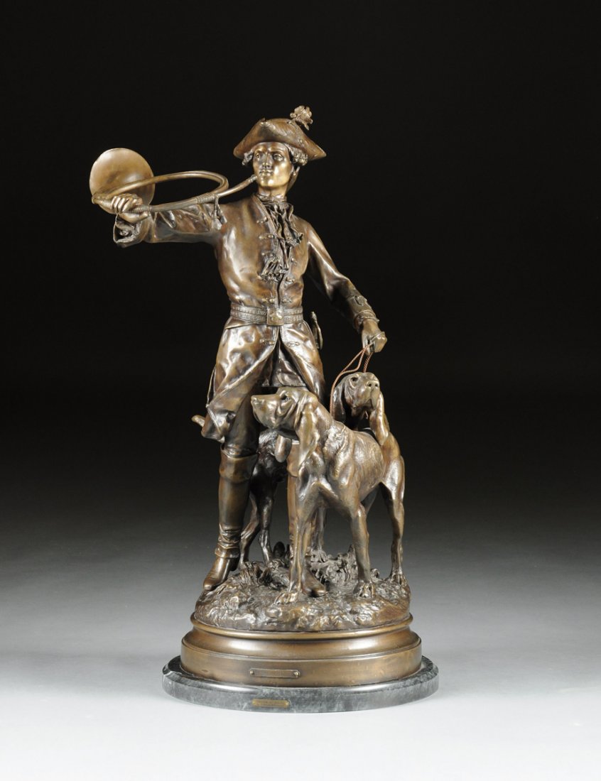 after HIPPOLYTE FRANCOIS MOREAU, (FRENCH 1832-1927) and: after HIPPOLYTE FRANCOIS MOREAU, (FRENCH 1832-1927) and PROSPER LECOURTIER (FRENCH 1851-1924), A PATINATED BRONZE SCULPTURE, "Piquer au Relais," signed in the bronze, raised on a circular black marble