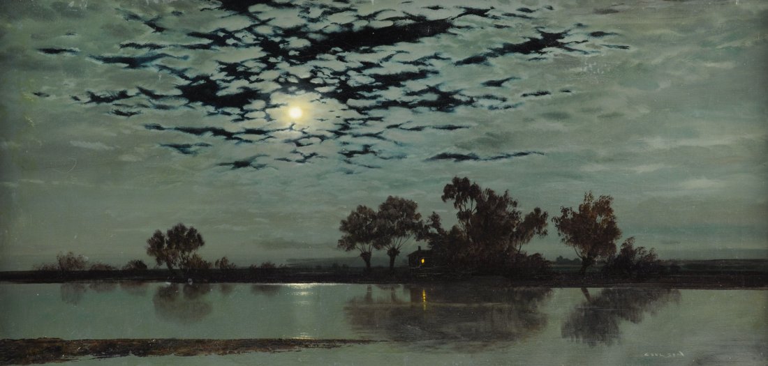 GERALD COULSON (British 19th/20th Century) A PAINTING,: GERALD COULSON (British 19th/20th Century) A PAINTING, "Moonlight on the Fens," oil on canvas, signed L/R. 20" x 40" Framed. Height: Width: