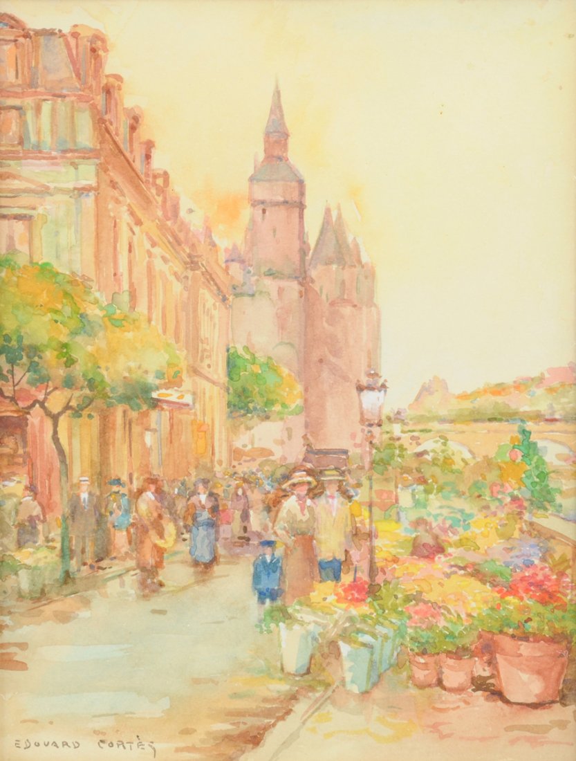 ÉDOUARD CORTÈS (French 1882-1969) A PAINTING, "Parisian: ÉDOUARD CORTÈS (French 1882-1969) A PAINTING, "Parisian street scene," watercolor on paper, signed L/L. 11" x 8 1/2" Framed.This painting is accompanied by a letter of authenticity by Mr. David Klei