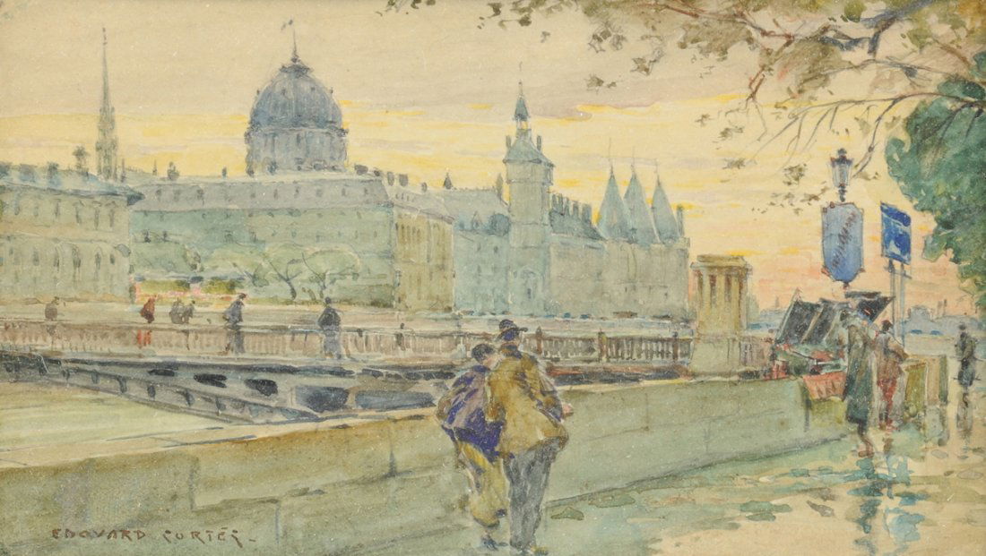 ÉDOUARD CORTÈS (French 1882-1969) A PAINTING, "Bridge: ÉDOUARD CORTÈS (French 1882-1969) A PAINTING, "Bridge Scene," watercolor on paper, signed L/L. 5 1/2" x 8 1/4" Framed.This painting is accompanied by a letter of authenticity by Mr. David Klein