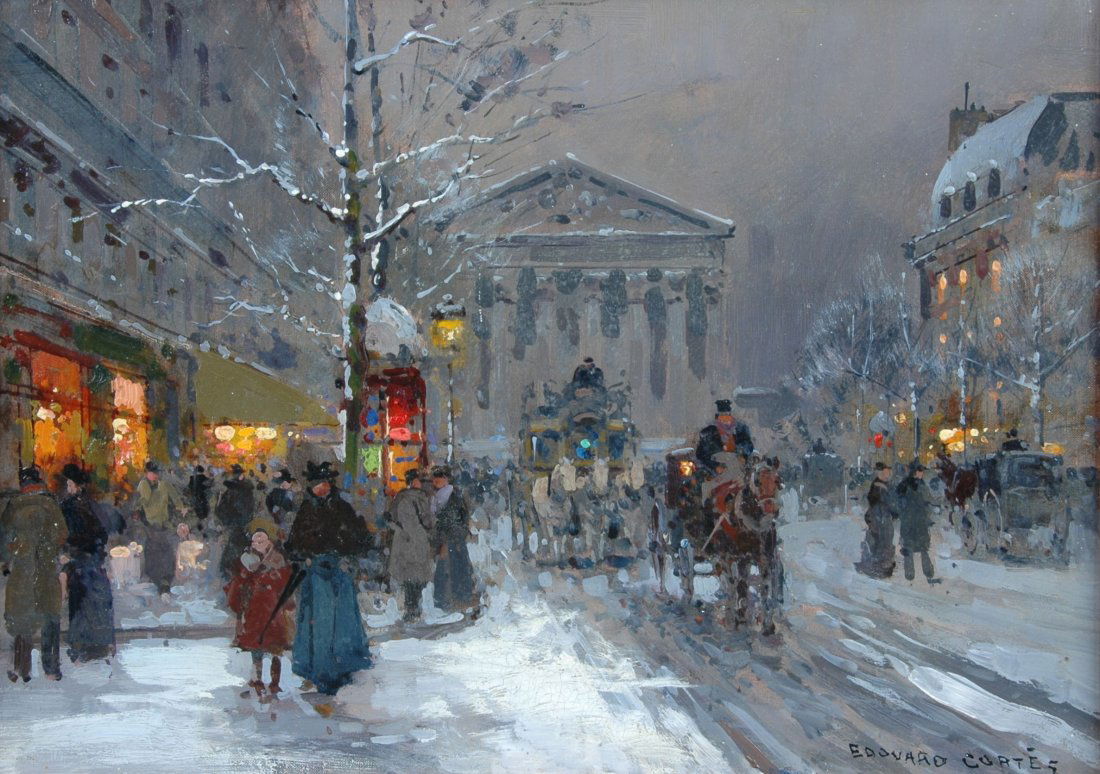 ÉDOUARD CORTÈS (French 1882-1969) A PAINTING,"Rue: ÉDOUARD CORTÈS (French 1882-1969) A PAINTING,"Rue Royale - Madeleine in Winter," oil on canvas, signed L/R. 13" x 18" Framed.This painting is accompanied by a letter of authenticity by Mr. David Kle