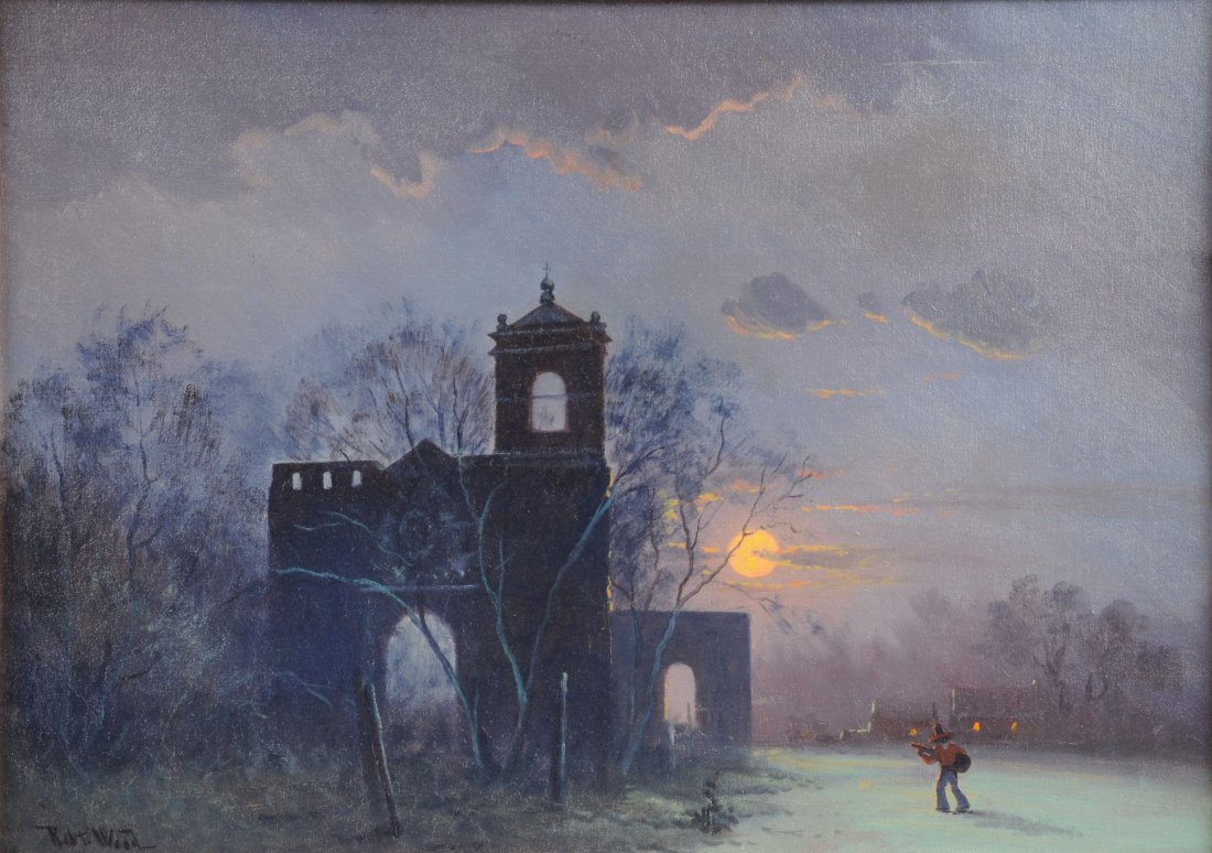 ROBERT WOOD (American 1889-1979) A PAINTING, "Harvest: ROBERT WOOD (American 1889-1979) A PAINTING, "Harvest Moon Over San Jose," oil on canvas, signed. 20" x 28" Framed.