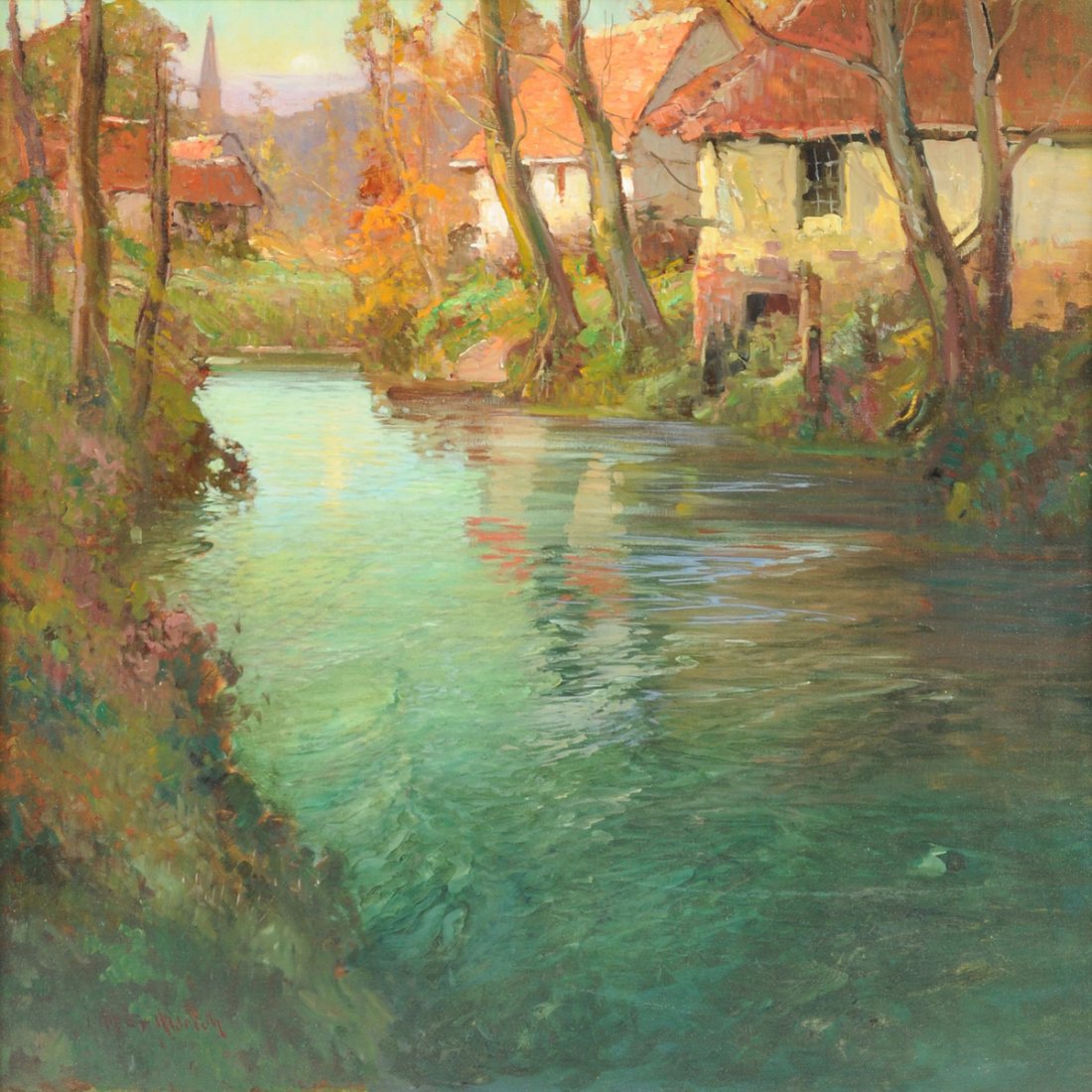 GEORGE AMES ALDRICH (American 1872-1941) A PAINTING,: GEORGE AMES ALDRICH (American 1872-1941) A PAINTING, "Normandy Canal Scene," oil on canvas, signed L/R. 36" x 36" Framed.