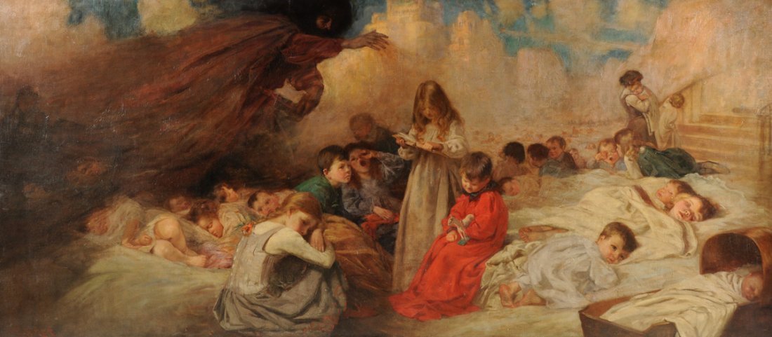 GEORGE EDMUND BUTLER (English 1872-1935) A PAINTING,: GEORGE EDMUND BUTLER (English 1872-1935) A PAINTING, "Bedtime Story," oil on canvas, signed L/L. 32" x 72 1/2" Framed. NOTE: On wax reline.