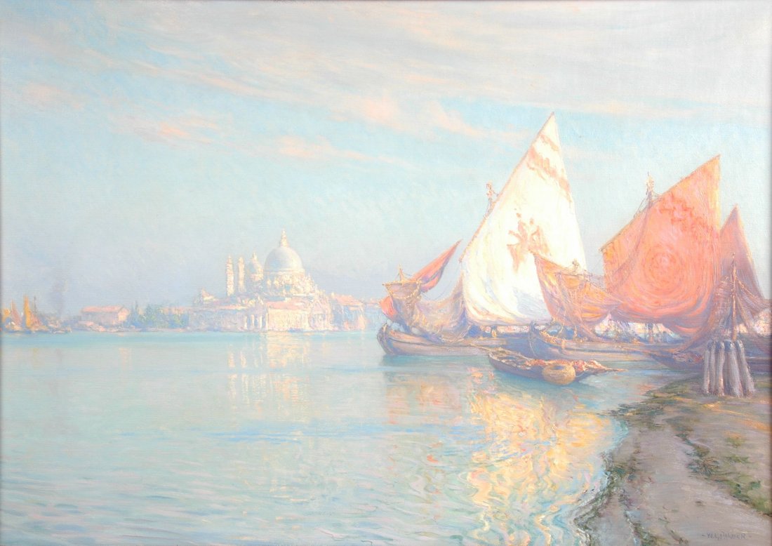 WALTER LAUNT PALMER (American 1854-1932) A PAINTING,: WALTER LAUNT PALMER (American 1854-1932) A PAINTING, "Off The Public Gardens, Venice," oil on canvas, signed L/R. 24 1/2" x 35" Framed.Provenance: Sotheby's New York, June 22, 1984 lot number 186.Gall