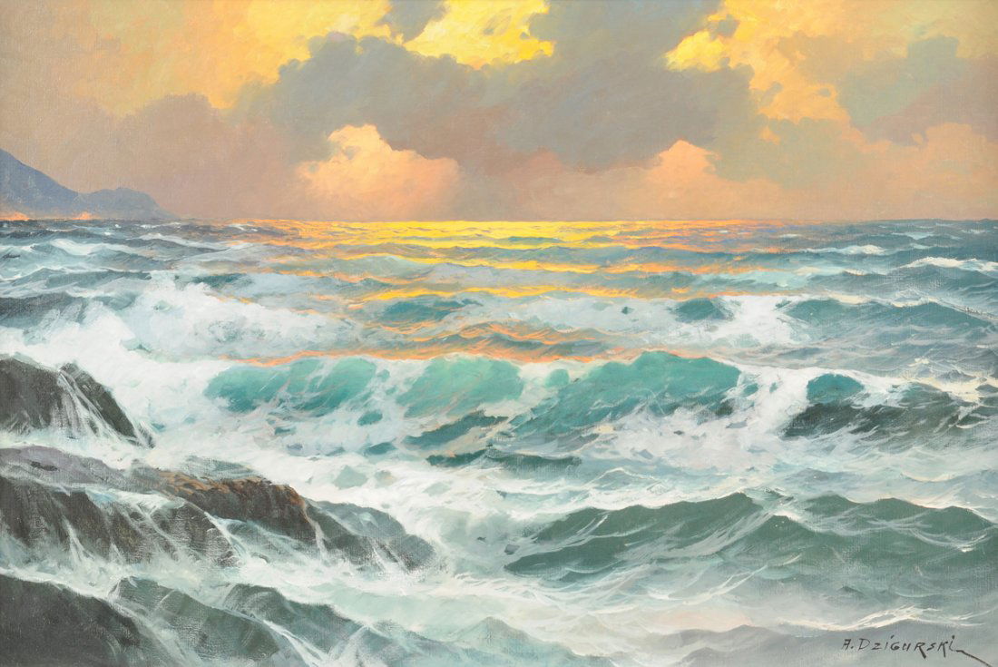 ALEXANDER DZIGURSKI (American 1911-1995) A PAINTING,: ALEXANDER DZIGURSKI (American 1911-1995) A PAINTING, "Seascape," oil on canvas, signed L/R. 24" x 36" Framed.