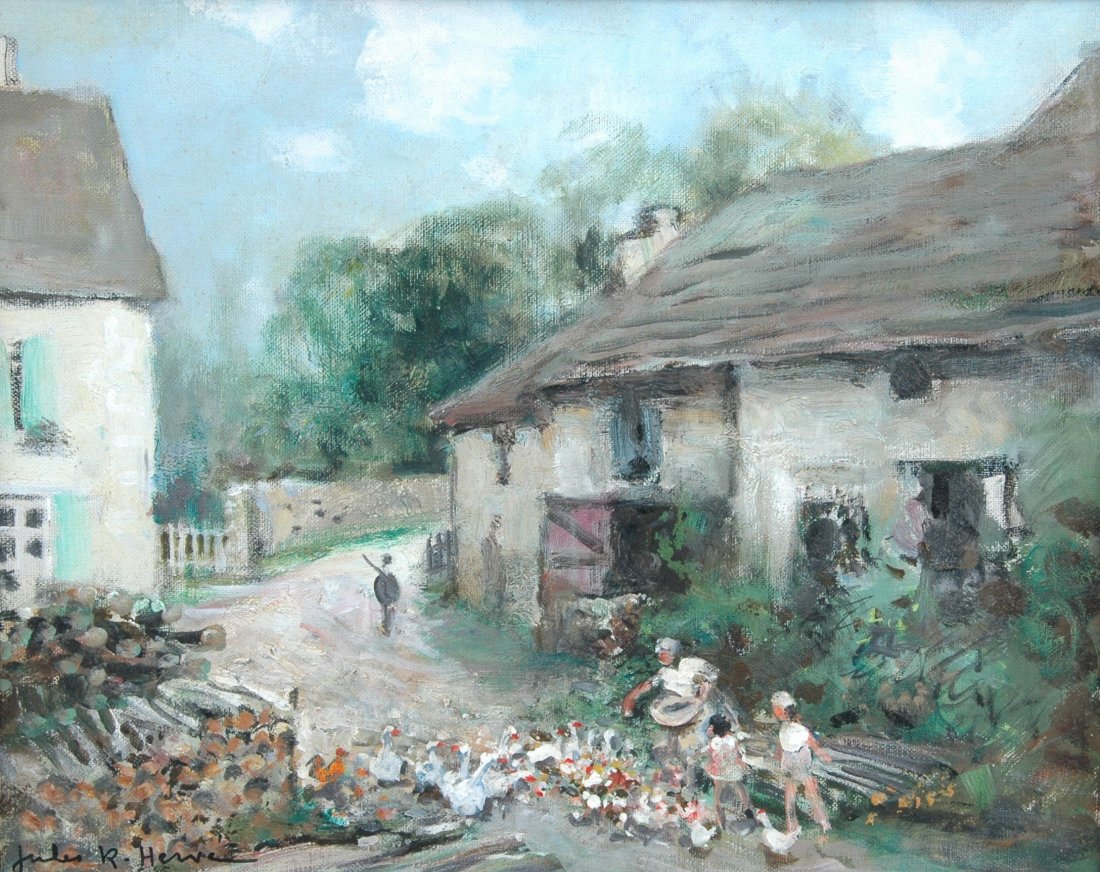 JULES RENE HERVE (French 1887-1981) A PAINTING, "Les Re: JULES RENE HERVE (French 1887-1981) A PAINTING, "Les Repas des Oies," oil on canvas, signed L/L. 13" x 16" Framed. Note: The French Impressionist, Jules Rene Herve, was awarded the Medaille d'Argent a