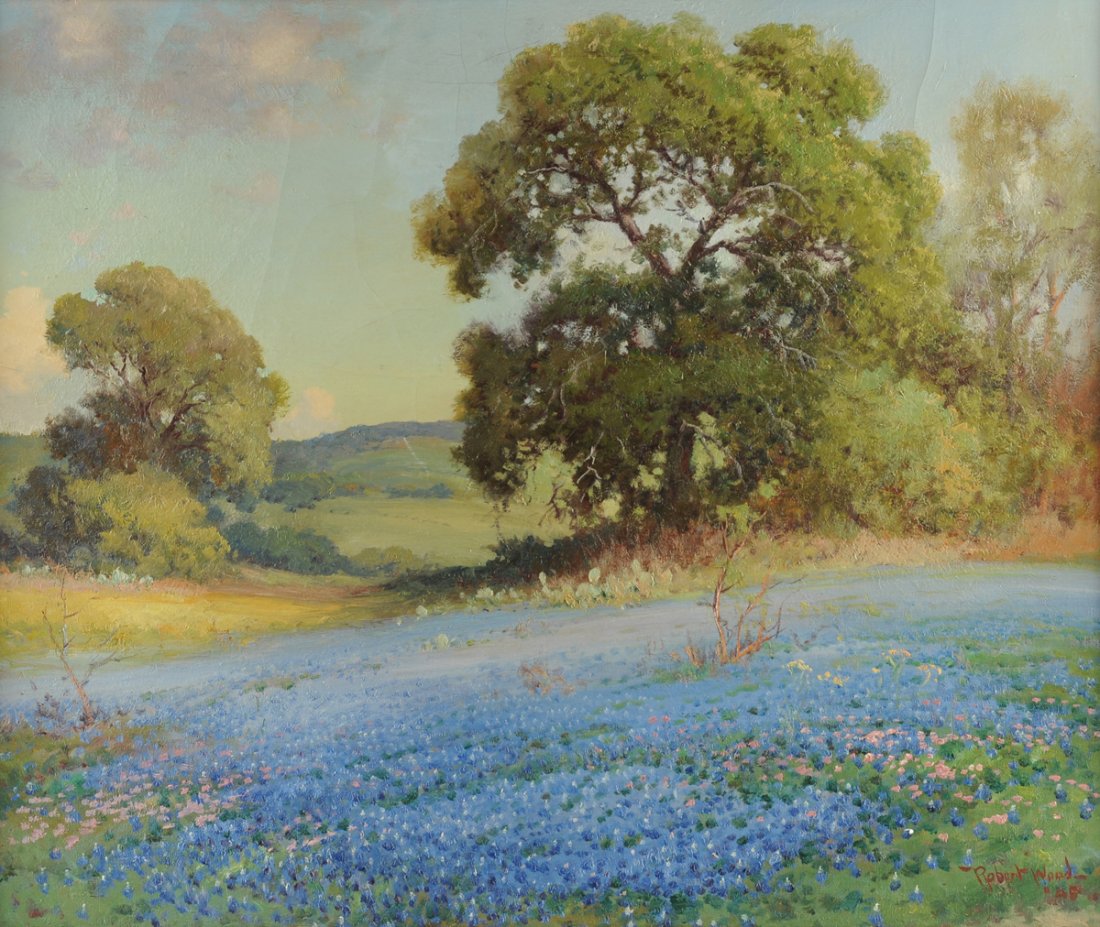 ROBERT WILLIAM WOOD (American/Texas 1889-1979) A PAINTI: ROBERT WILLIAM WOOD (American/Texas 1889-1979) A PAINTING, "Texas Bluebonnets," oil on canvas, signed and dated L/R "1945." 25" x 30" Framed.