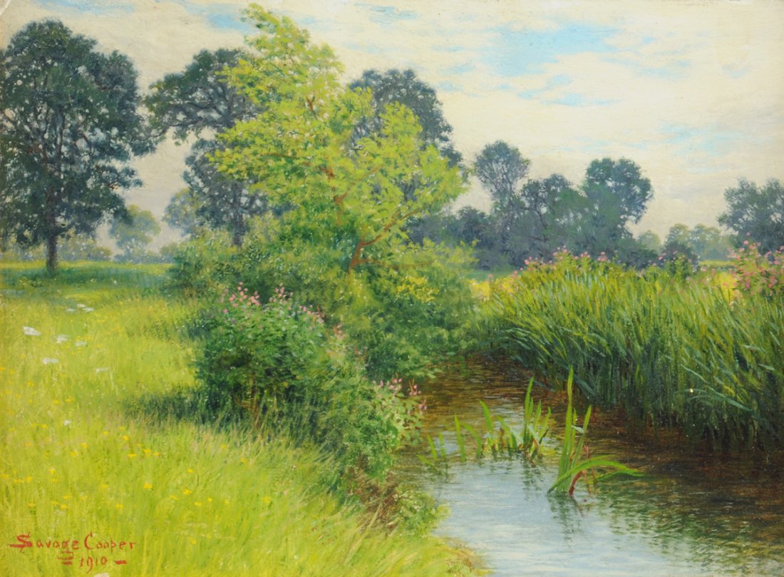WILLIAM SAVAGE COOPER (British 1880-1926) A PAINTING,: WILLIAM SAVAGE COOPER (British 1880-1926) A PAINTING, "River Landscape," oil on board, signed and dated 1910 L/L. 11 1/2" x 8 1/4". Provenance: Purchased October 30, 1979 from Lawrence- England.