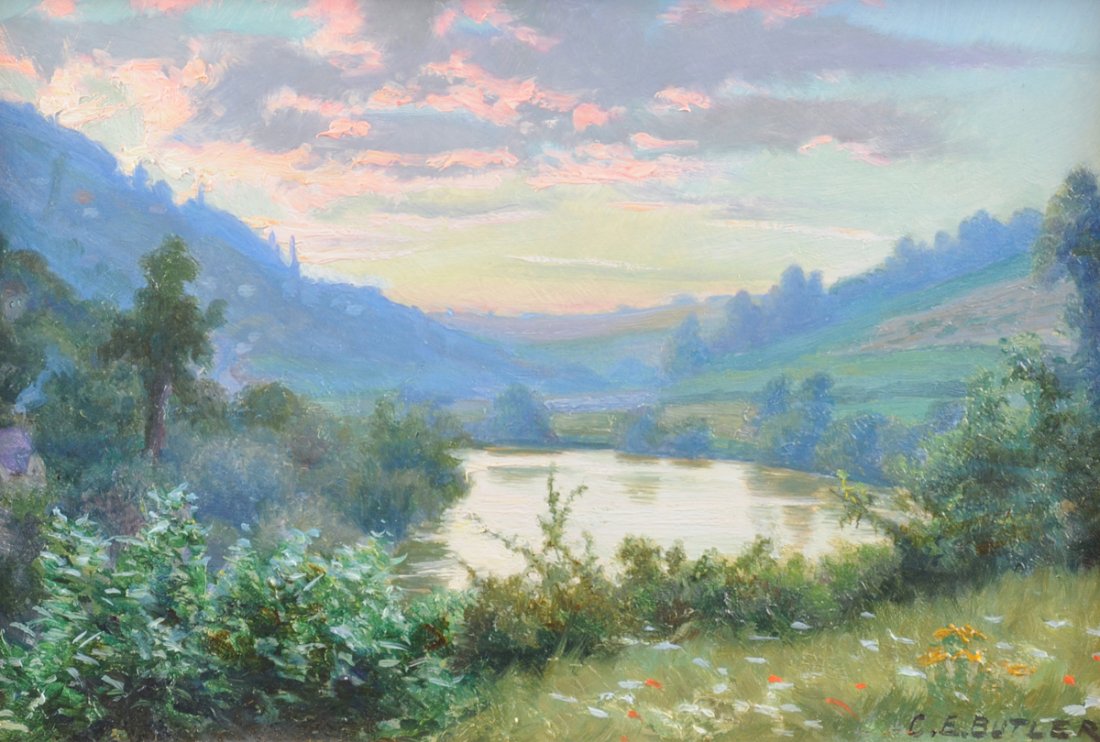 CHARLES ERNEST BUTLER (British 1864-1918) A PAINTING, ": CHARLES ERNEST BUTLER (British 1864-1918) A PAINTING, " Sunset on The Wye," oil on board, signed L/R. 11" x 14" NOTE: Artist exhibited works at the Royal Academy from 1898-1918.