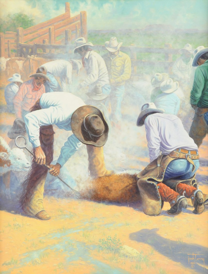 JACK L. TERRY (American/Texas b.1966) A PAINTING,: JACK L. TERRY (American/Texas b.1966) A PAINTING, "Leoncita Cow Works," oil on canvas, signed and dated 1984 L/R. Titled on verso. 30" x 24"Provenance: Purchased on April 3,1984 from the artist.