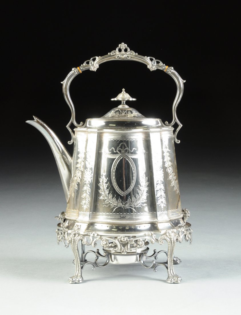 A VICTORIAN SILVER PLATED TEAPOT ON STAND WITH BURNER,