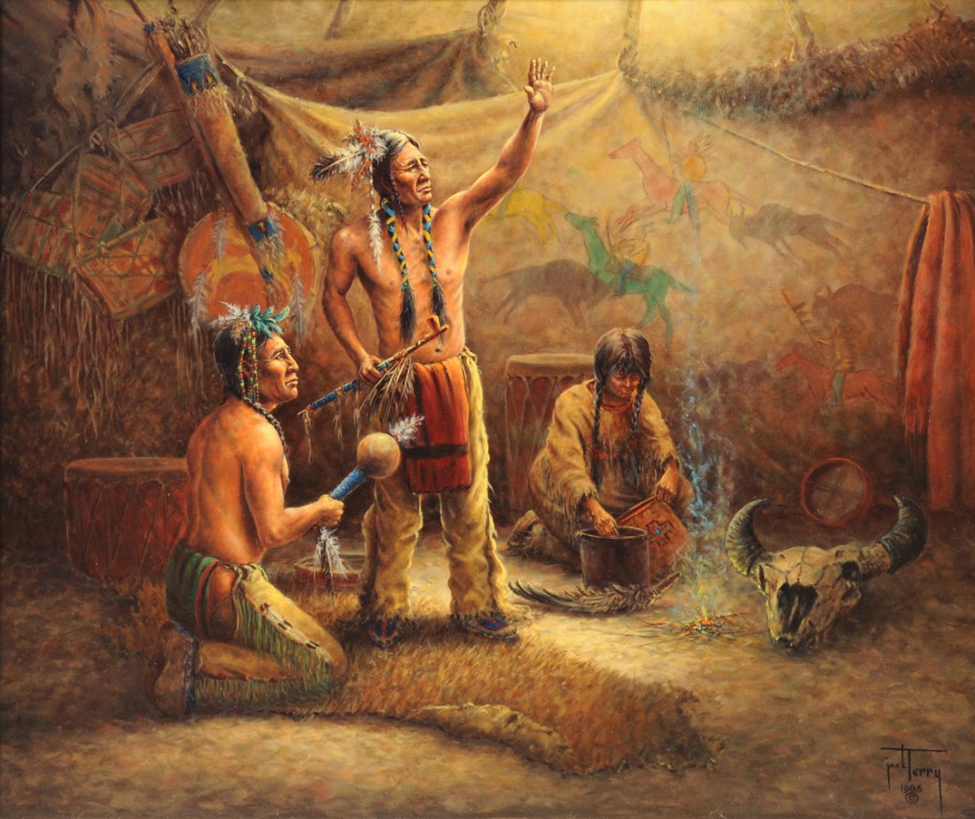 JACK L. TERRY (American/Texas b.1966) A PAINTING,: JACK L. TERRY (American/Texas b.1966) A PAINTING, "Lodge of Buffalo Medicine," oil on canvas, signed and dated 1985 L/R.Titled on verso. 30" x 36"