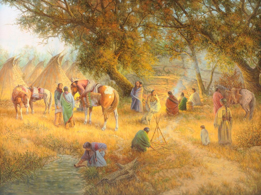 JACK L. TERRY (American/Texas b. 1966) A PAINTING,: JACK L. TERRY (American/Texas b. 1966) A PAINTING, "Canyon Springs Encampment," oil on canvas, signed and dated 1983 L/R.Titled on verso. 36" x 48" Provenance: Purchased on April 3, 1984 from the arti
