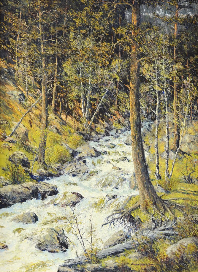 JAMES EMERY GREER (American -1948) A PAINTING, "Glacier: JAMES EMERY GREER (American -1948) A PAINTING, "Glacier Creek," oil on canvas, signed L/R. 46" x 34"