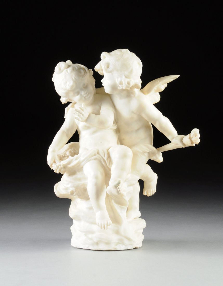 AUGUSTE MOREAU, (FRENCH, 1834-1917), A WHITE MARBLE: AUGUSTE MOREAU, (FRENCH, 1834-1917), A WHITE MARBLE SCULPTURE OF CUPID AND COMPANION, "Love Blowing Kisses," CIRCA 1900, signed in the marble, " Auguste Moreau." Height: 24"