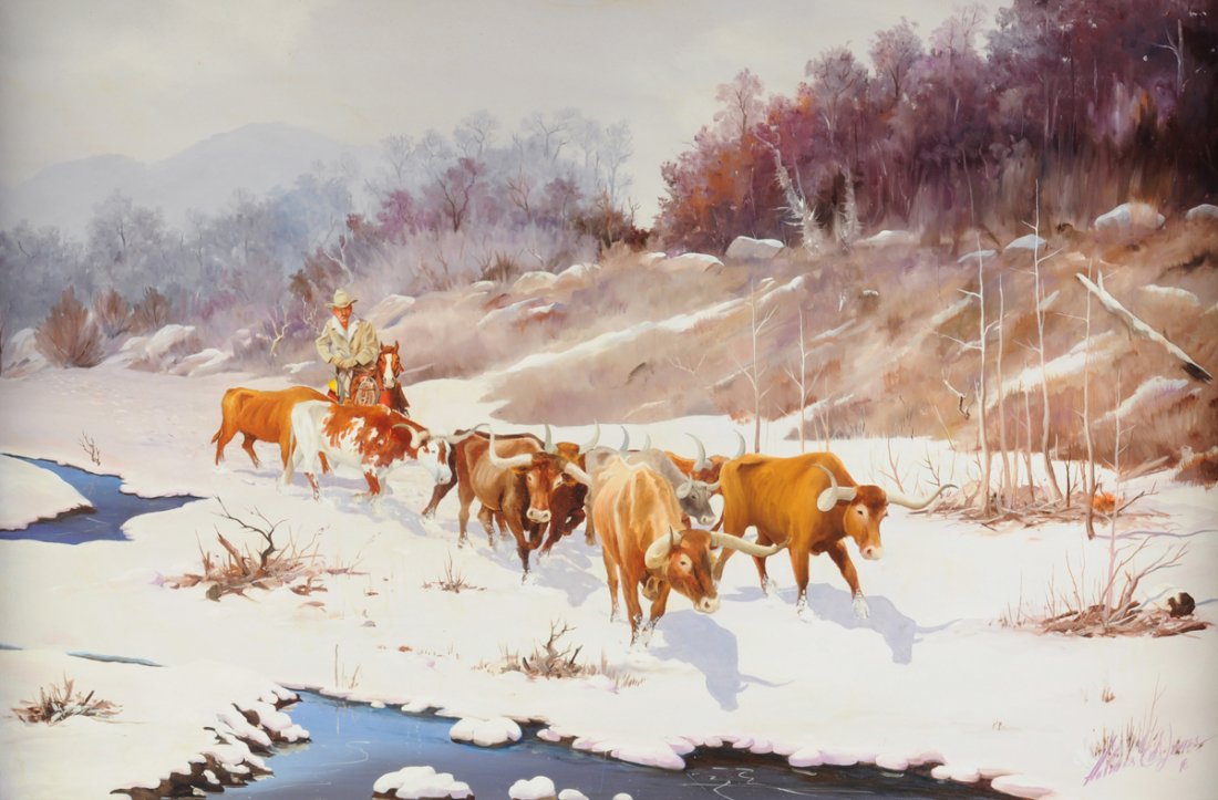 HOLMES ED JONES (American/Texas) A PAINTING, "Herding,": HOLMES ED JONES (American/Texas) A PAINTING, "Herding," oil on board, signed L/R. 25" x 37"