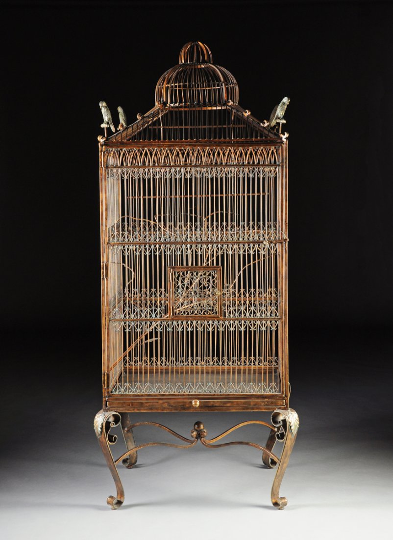 A LARGE VICTORIAN STYLE BRONZED WROUGHT IRON BIRD CAGE