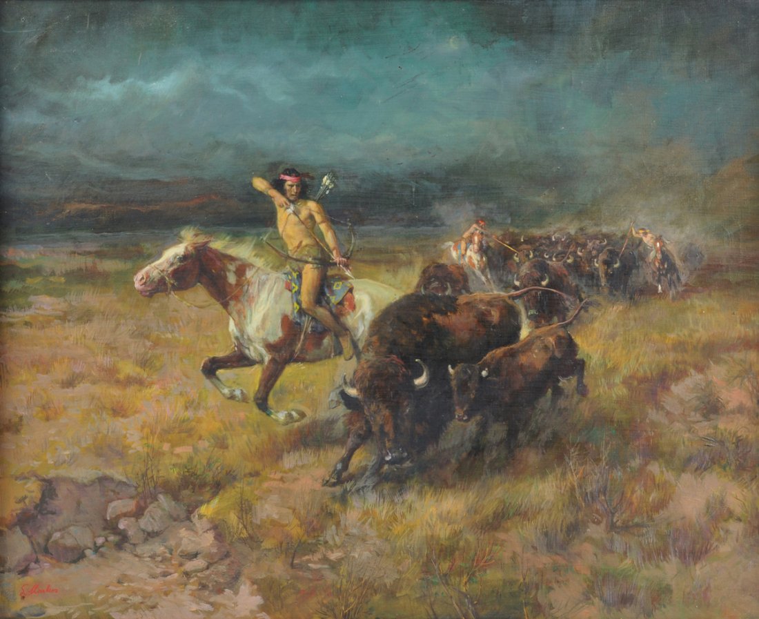 LAJOS MARKOS (American/Texas 1917-1993) A PAINTING,: LAJOS MARKOS (American/Texas 1917-1993) A PAINTING, "The Hunt," oil on canvas, signed L/L. 24" x 30"