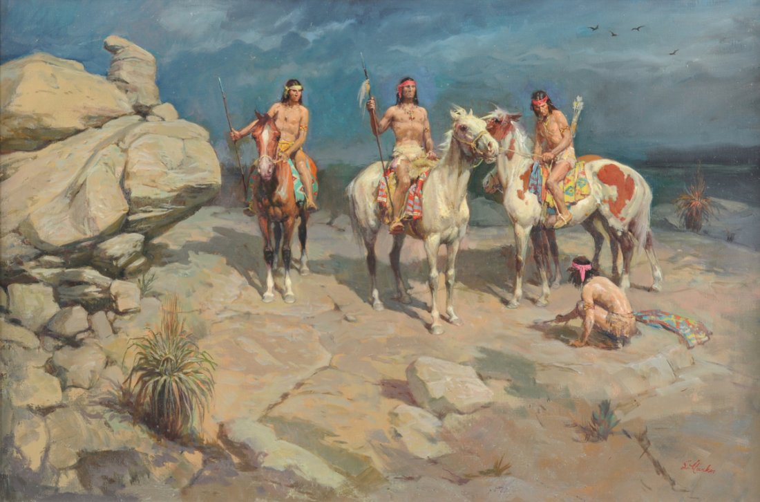LAJOS MARKOS (American/Texas 1917-1993) A PAINTING,: LAJOS MARKOS (American/Texas 1917-1993) A PAINTING, "Standing Guard," oil on canvas, signed L/R. 24" x 36"