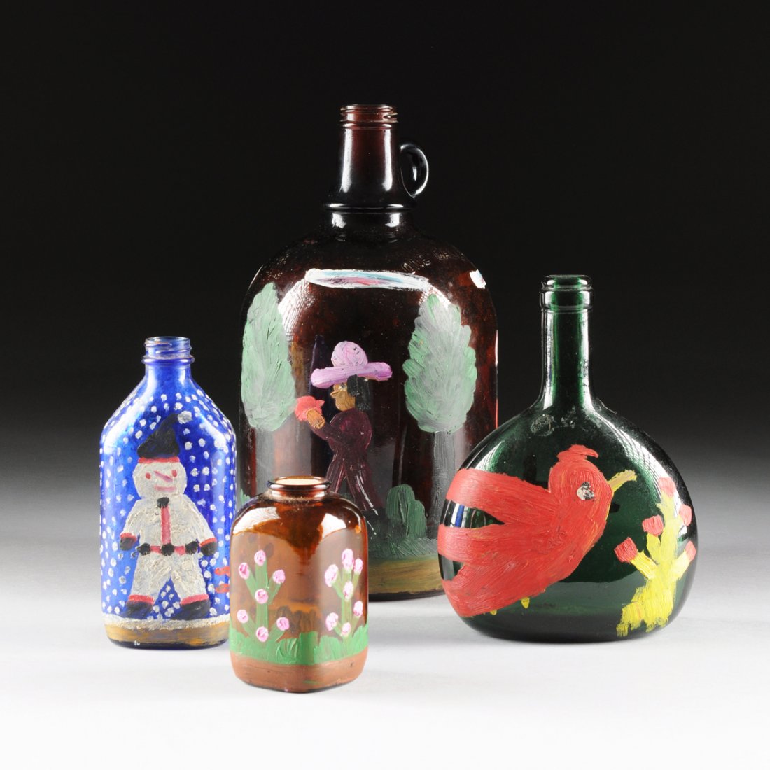 CLEMENTINE HUNTER (American 1886-1988) A group of: CLEMENTINE HUNTER (American 1886-1988) A group of painted wares, consisting of four hand painted colored glass bottles, heights ranging from 4 1/2" to 12 1/2".