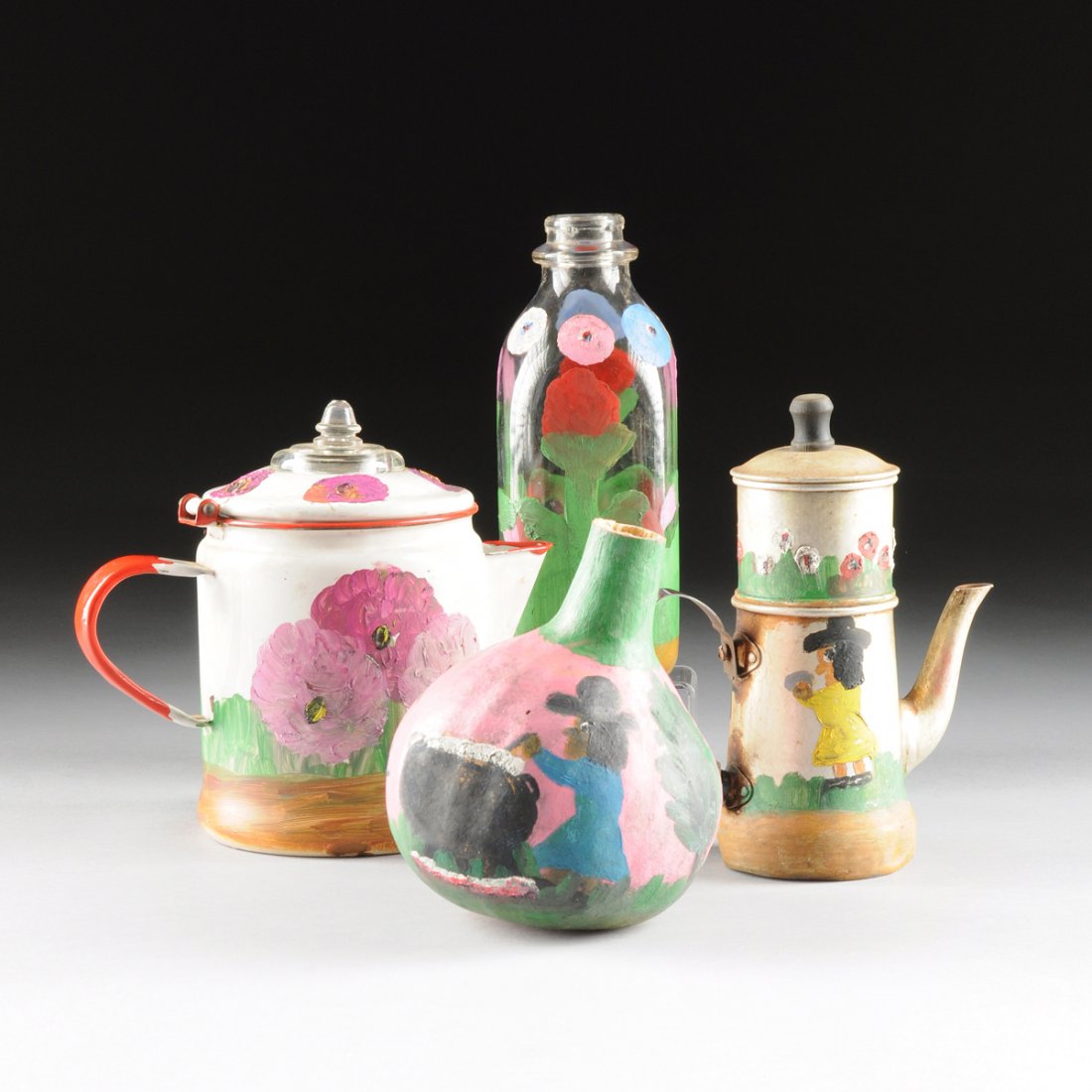 CLEMENTINE HUNTER (American 1886-1988) A group of: CLEMENTINE HUNTER (American 1886-1988) A group of painted wares, consisting of an aluminum drip coffee pot, an enameled percolating coffee pot, a clear glass milk bottle, and a gourd, height ranging f