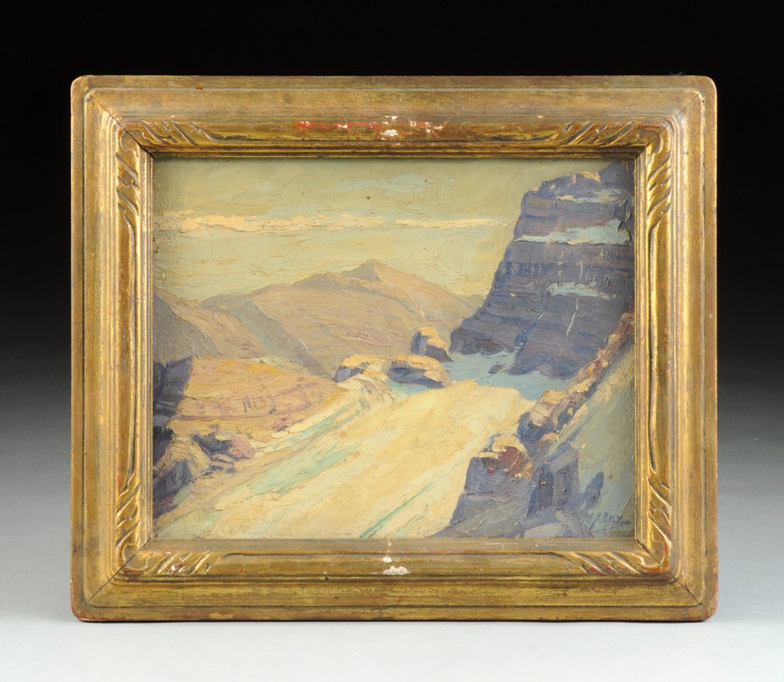 MATTHEW A. DALY (American 1860-1937) A GROUP OF THREE: MATTHEW A. DALY (American 1860-1937) A GROUP OF THREE PAINTINGS AND A PHOTOGRAPH, photograph of M. Daly. 8 1/4" x 6 1/4" "Rocky Mountain Glacier Park," oil on canvas board, signed and dated '29 L/R. 1