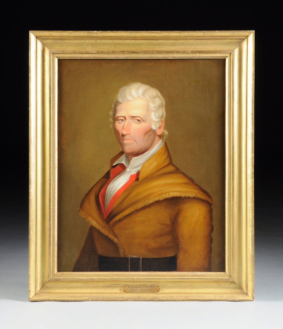 CHESTER HARDING (American 1792-1866) A PAINTING,: CHESTER HARDING (American 1792-1866) A PAINTING, "Portrait of Daniel Boone," oil on canvas. 28 1/4" x 22 3/4" Exhibited: Residence of the U.S. Ambassador to the U.N., 2005; U.S. Army Center of Militar