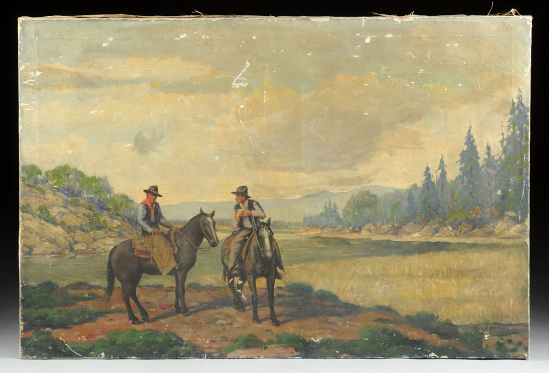 MATTHEW A. DALY (American 1860-1937) and FRANK DUVENECK: MATTHEW A. DALY (American 1860-1937) and FRANK DUVENECK (American 1848-1919) A GROUP OF THREE PAINTINGS, Daly, "Brian Bory on the Plains of Clontarf," signed and dated 1913 L/R; "Riders," oil on canva