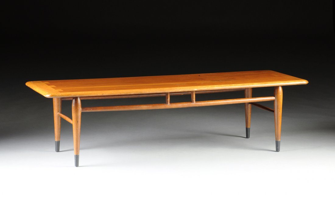 A LANE "ACCLAIM" SERIES WALNUT AND OAK COFFEE TABLE,: A LANE "ACCLAIM" SERIES WALNUT AND OAK COFFEE TABLE, MODEL 900-01, DESIGNED BY ANDRE BUS UNDER THE SUPERVISION OF WARREN C. CHURCH, ALTA VISTA, VIRGINIA, INTRODUCED IN 1958, PRODUCED 1961, the rectang