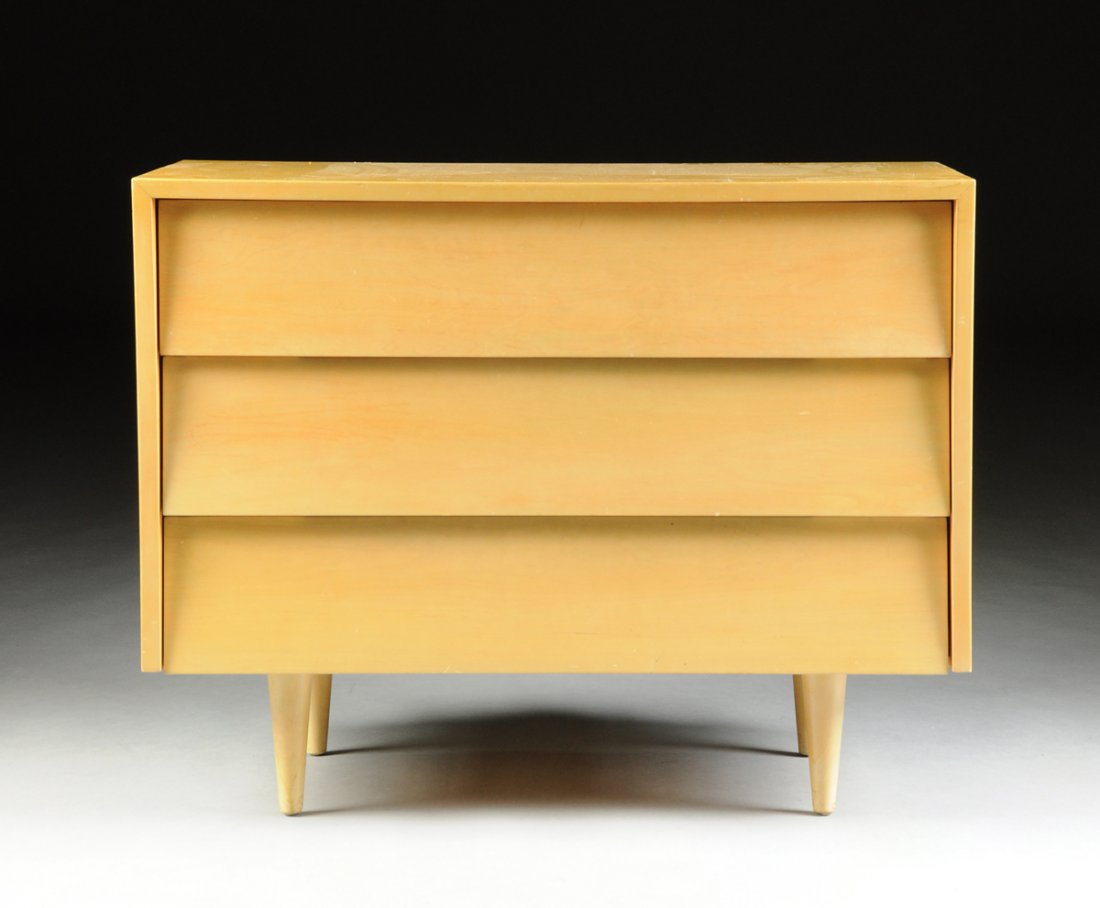 FLORENCE KNOLL (American B. 1917) STAINED BIRCH THREE: FLORENCE KNOLL (American B. 1917) STAINED BIRCH THREE DRAWER CHEST, FOR KNOLL, NEW YORK, NEW YORK, DESIGNED 1949, PRODUCED CIRCA 1955, the light green stained birch chest with three louvered front dra